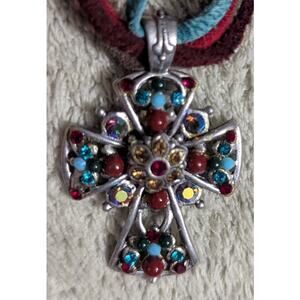 AB Cross Pendent Silvertone Rhinestones Necklace Faceted Red Glass Bead Extender